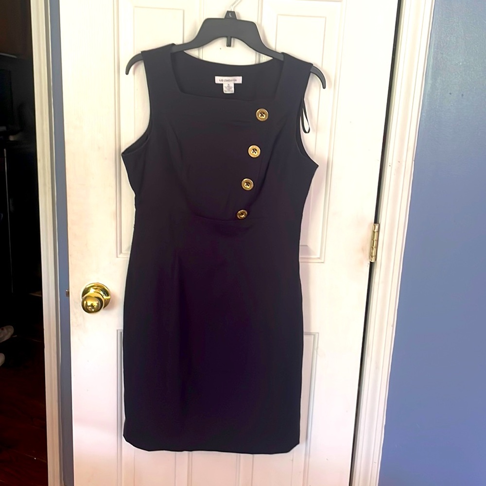 Liz Claiborne Sz 10 blue sleeveless lined dress gold button, accents GUC B71A